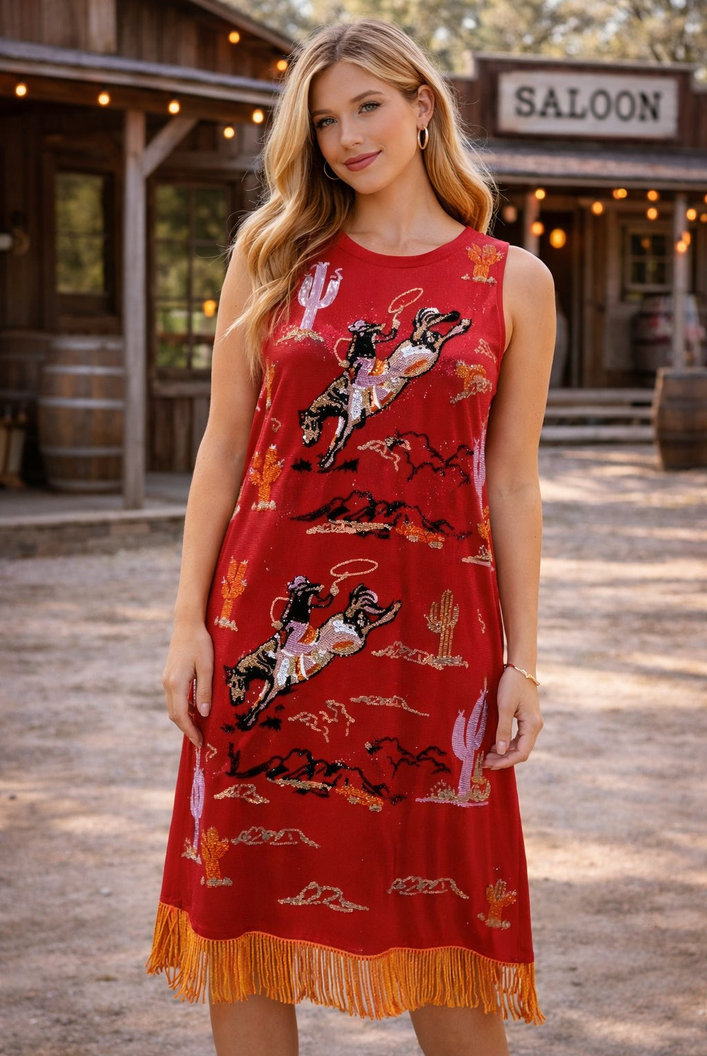 Queen of Sparkles Red Bucking Cowgirl Fringe Bottom Midi Tank Dress-Midi Dresses-Queen Of Sparkles-Deja Nu Boutique, Women's Fashion Boutique in Lampasas, Texas