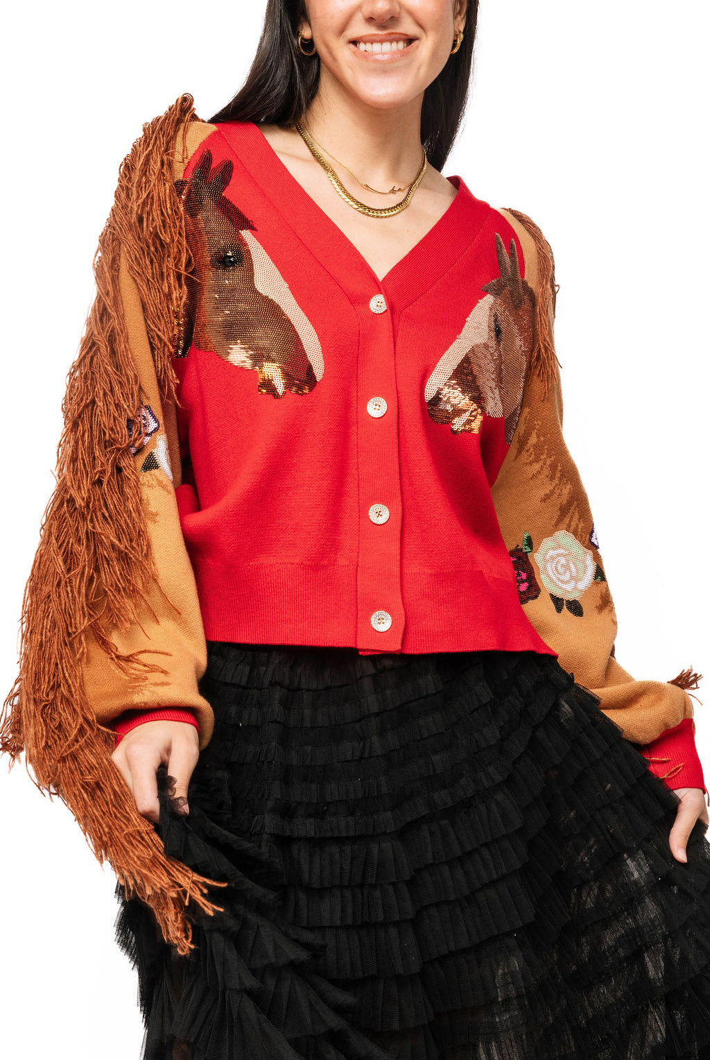 Queen of Sparkles Red Rose & Fringe Horse Sleeve Button Up Cardigan-Cardigans & Kimonos-Queen Of Sparkles-Deja Nu Boutique, Women's Fashion Boutique in Lampasas, Texas