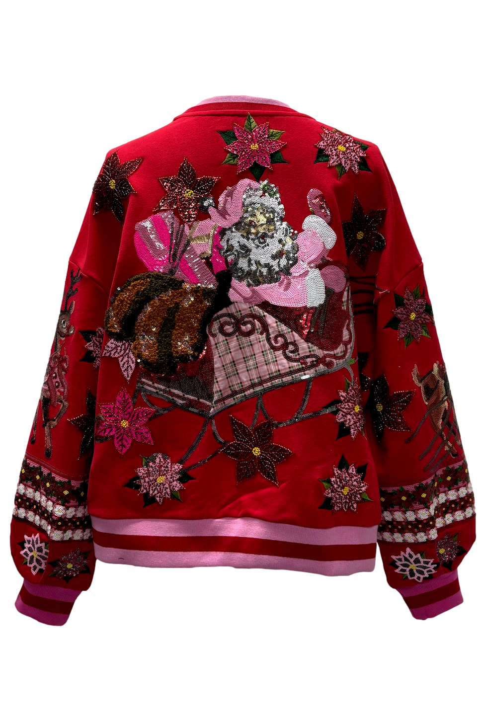 Queen of Sparkles Red & Pink Vintage Poinsettia Santa Sequin Sweatshirt-Sweaters-Queen Of Sparkles-Deja Nu Boutique, Women's Fashion Boutique in Lampasas, Texas