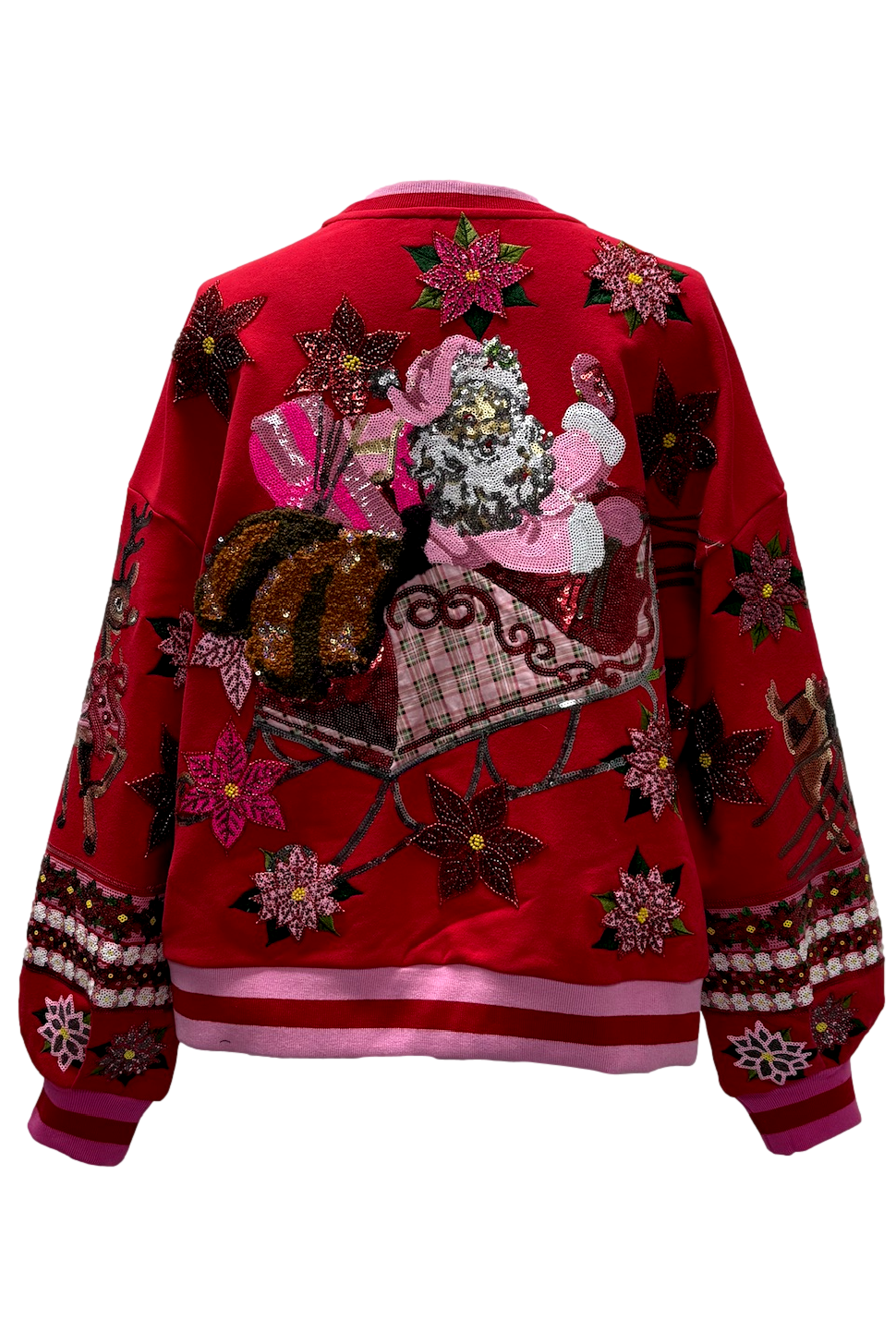 Queen of Sparkles Red & Pink Vintage Poinsettia Santa Sequin Sweatshirt-Sweaters-Queen Of Sparkles-Deja Nu Boutique, Women's Fashion Boutique in Lampasas, Texas