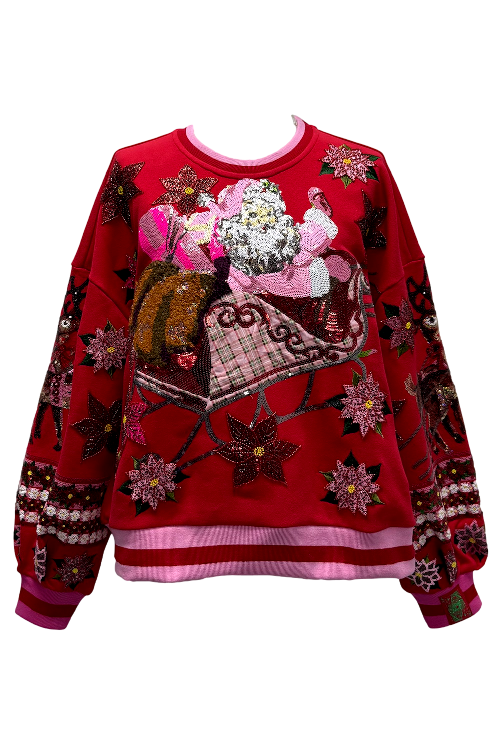 Queen of Sparkles Red & Pink Vintage Poinsettia Santa Sequin Sweatshirt-Sweaters-Queen Of Sparkles-Deja Nu Boutique, Women's Fashion Boutique in Lampasas, Texas