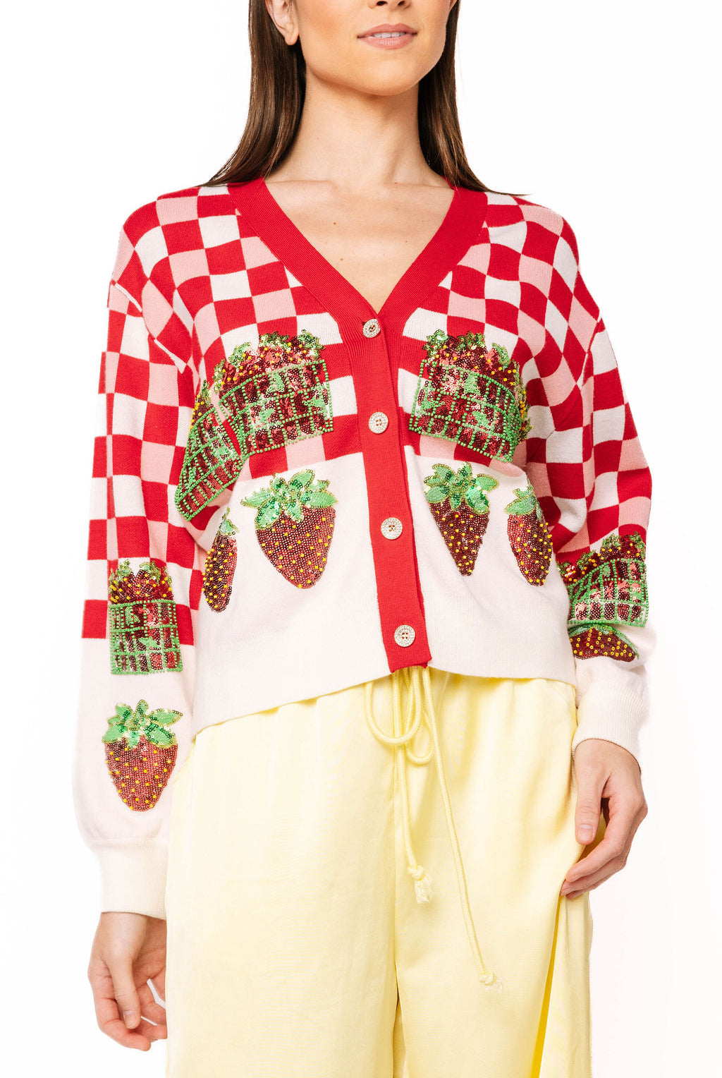 Queen of Sparkles Red & White Checkered Strawberry Button Up Cardigan-Cardigans & Kimonos-Queen Of Sparkles-Deja Nu Boutique, Women's Fashion Boutique in Lampasas, Texas