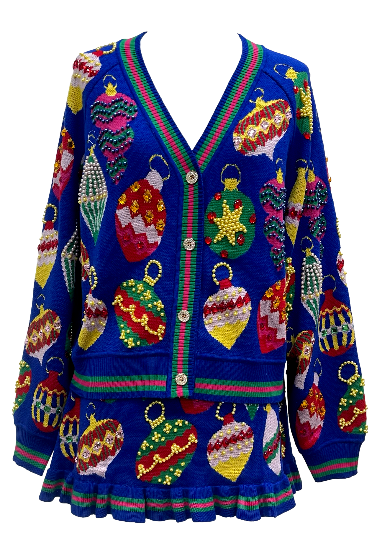 Queen of Sparkles Royal Blue Multi Jeweled Ornament Button Up Cardigan-Cardigans & Kimonos-Queen Of Sparkles-Deja Nu Boutique, Women's Fashion Boutique in Lampasas, Texas