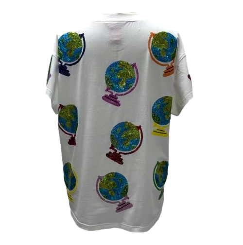 Queen of Sparkles White Globe Tee-shirts-Queen Of Sparkles-Deja Nu Boutique, Women's Fashion Boutique in Lampasas, Texas