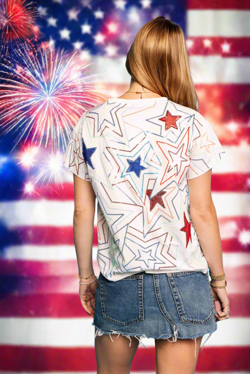 Queen of Sparkles White Groovy Red, Blue & Sequin Star Tee-Tops-Queen Of Sparkles-Deja Nu Boutique, Women's Fashion Boutique in Lampasas, Texas