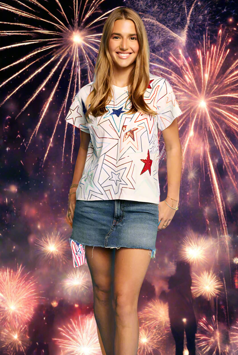 Queen of Sparkles White Groovy Red, Blue & Sequin Star Tee-Tops-Queen Of Sparkles-Deja Nu Boutique, Women's Fashion Boutique in Lampasas, Texas