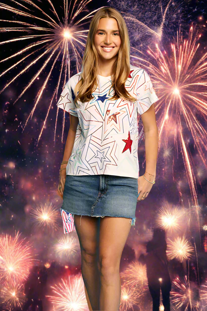 Queen of Sparkles White Groovy Red, Blue & Sequin Star Tee-Tops-Queen Of Sparkles-Deja Nu Boutique, Women's Fashion Boutique in Lampasas, Texas