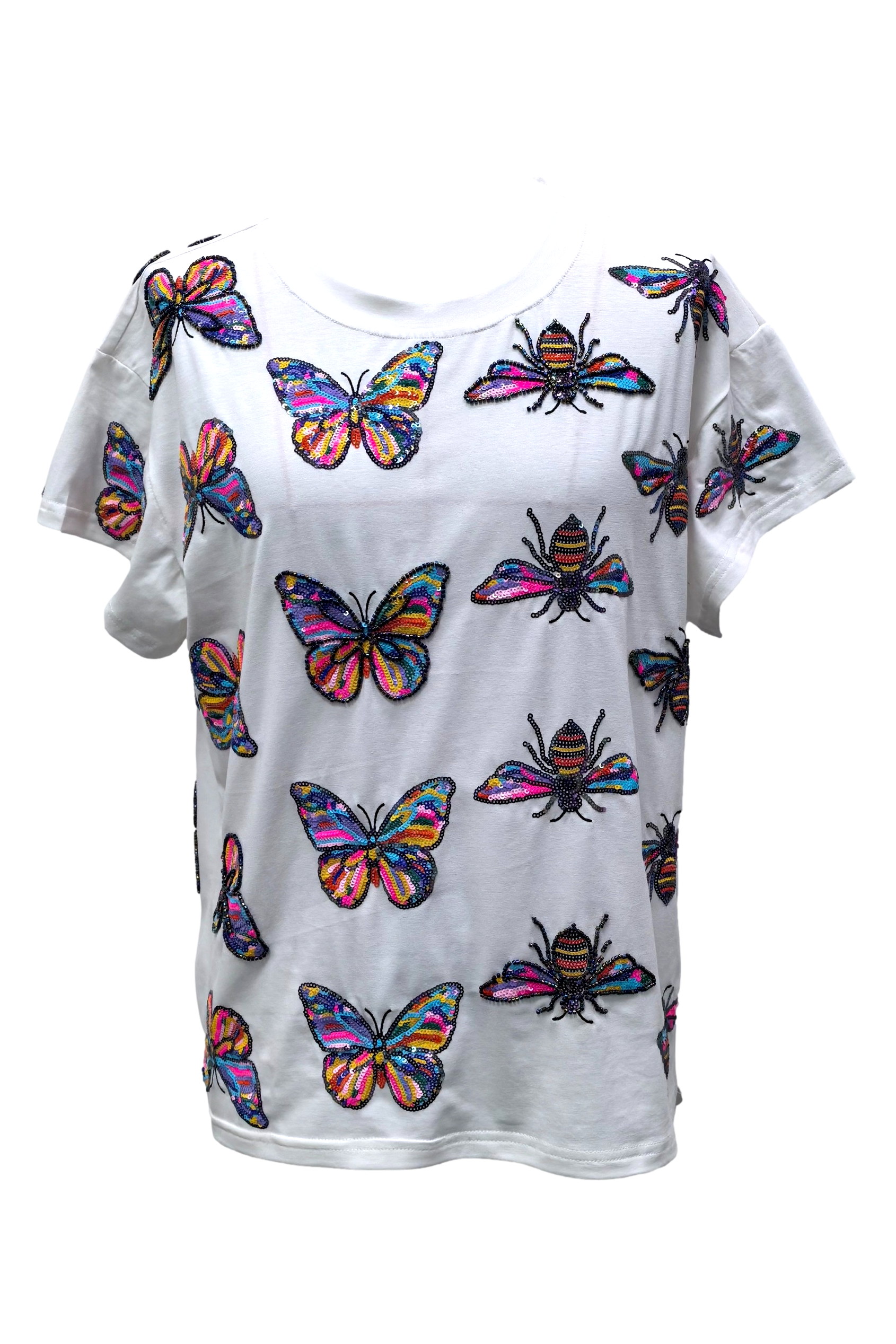 ✨ Queen of Sparkles White Rainbow Butterfly & Bee Tee ✨-Tops-Queen Of Sparkles-Deja Nu Boutique, Women's Fashion Boutique in Lampasas, Texas