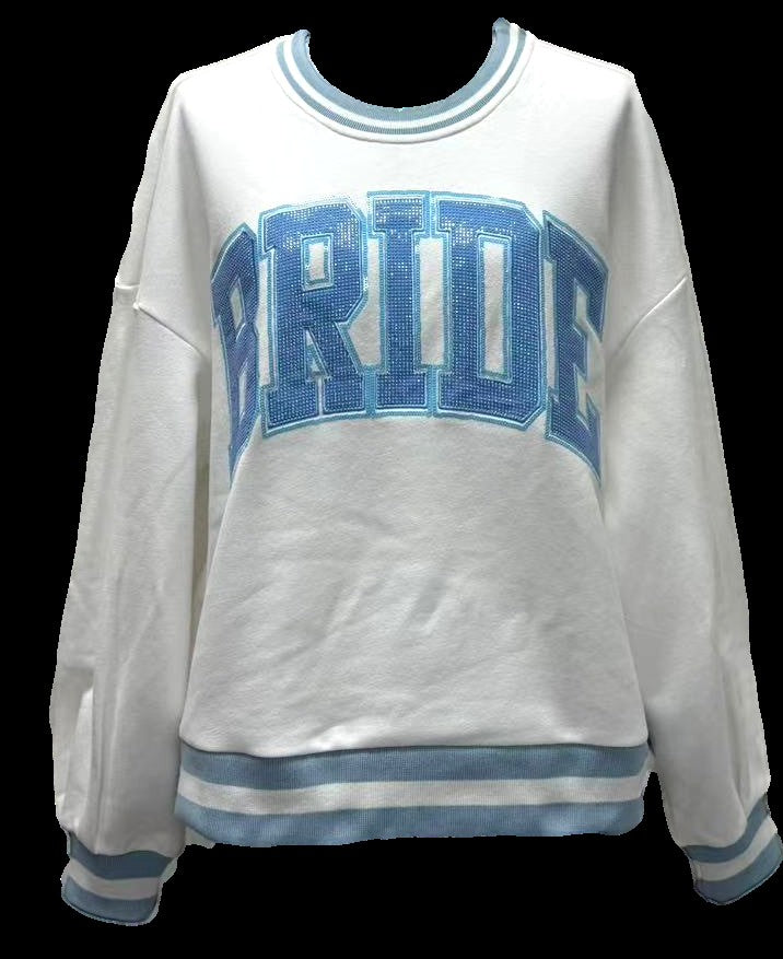 Queen of Sparkles White & Blue Rhinestone “BRIDE” Sweatshirt-sweatshirt-Queen Of Sparkles-Deja Nu Boutique, Women's Fashion Boutique in Lampasas, Texas