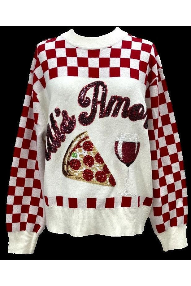 Queen of Sparkles White & Red Checkered “That’s Amore” Pizza & Wine Sweater-Sweaters-Queen Of Sparkles-Deja Nu Boutique, Women's Fashion Boutique in Lampasas, Texas