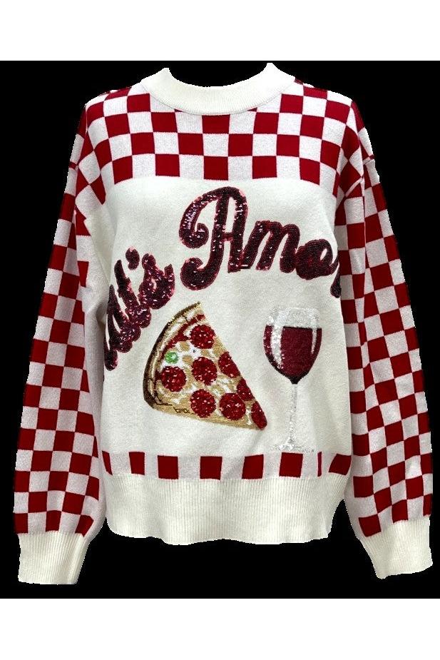 Queen of Sparkles White & Red Checkered “That’s Amore” Pizza & Wine Sweater-Sweaters-Queen Of Sparkles-Deja Nu Boutique, Women's Fashion Boutique in Lampasas, Texas