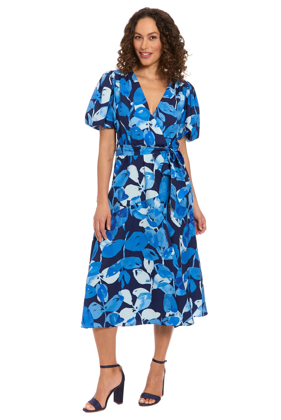 REBA by London Times Navy & Royal Blue Wrap Midi Dress-Midi Dresses-London Times-Deja Nu Boutique, Women's Fashion Boutique in Lampasas, Texas