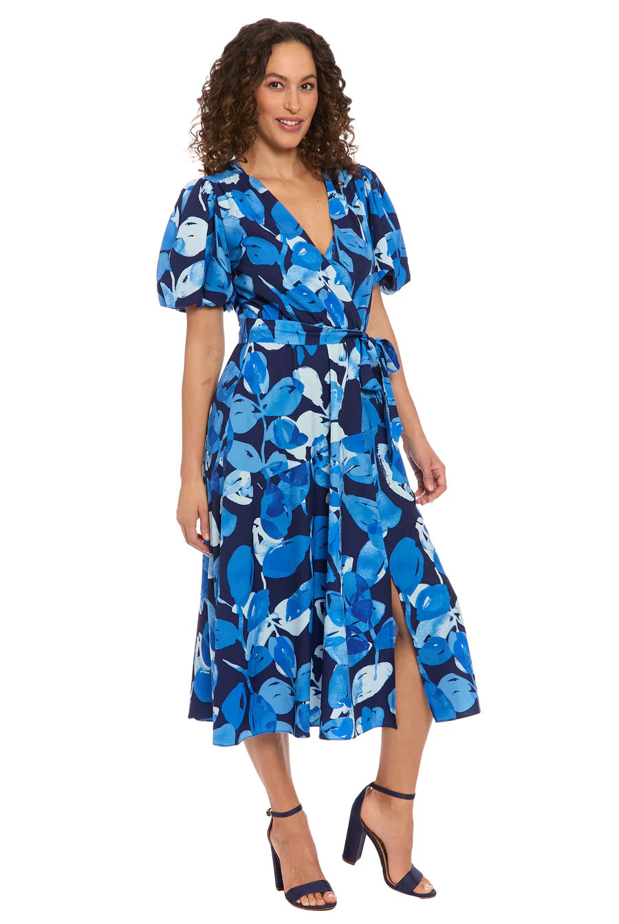 REBA by London Times Navy & Royal Blue Wrap Midi Dress-Midi Dresses-London Times-Deja Nu Boutique, Women's Fashion Boutique in Lampasas, Texas