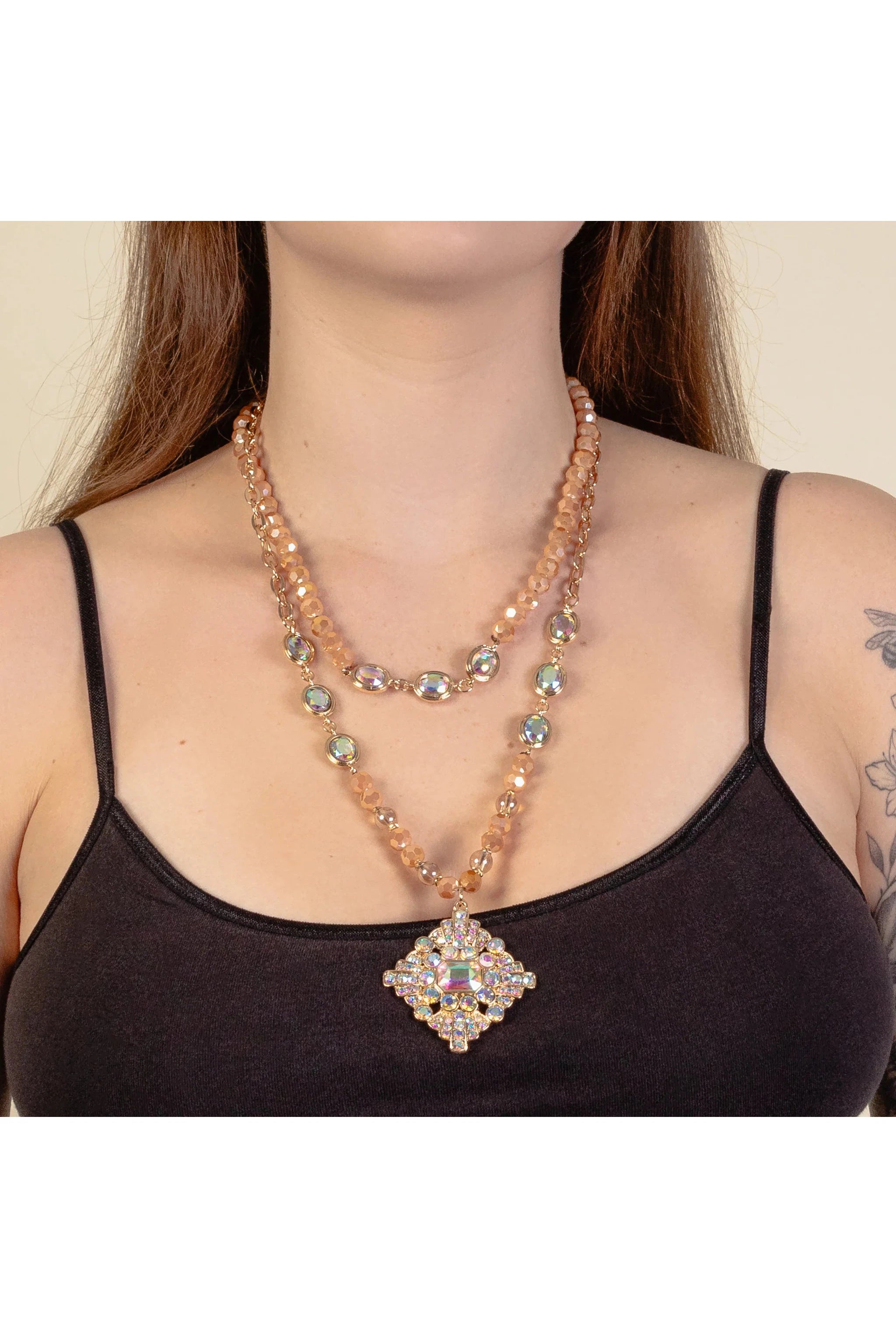 Radiant Aura: Layered Champagne Beaded Necklace With Gold AB Crystal Medallion-Necklaces-Deja Nu-Deja Nu Boutique, Women's Fashion Boutique in Lampasas, Texas