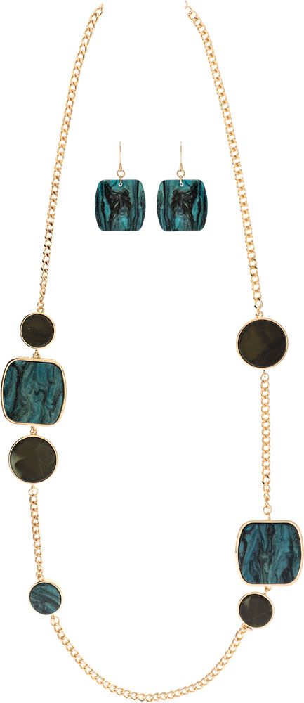 Rain Jewelry Gold Blue Chunky Acrylic Stations 36" Necklace & Earring Set-Necklace Set-Rain Jewelry Collection-Deja Nu Boutique, Women's Fashion Boutique in Lampasas, Texas