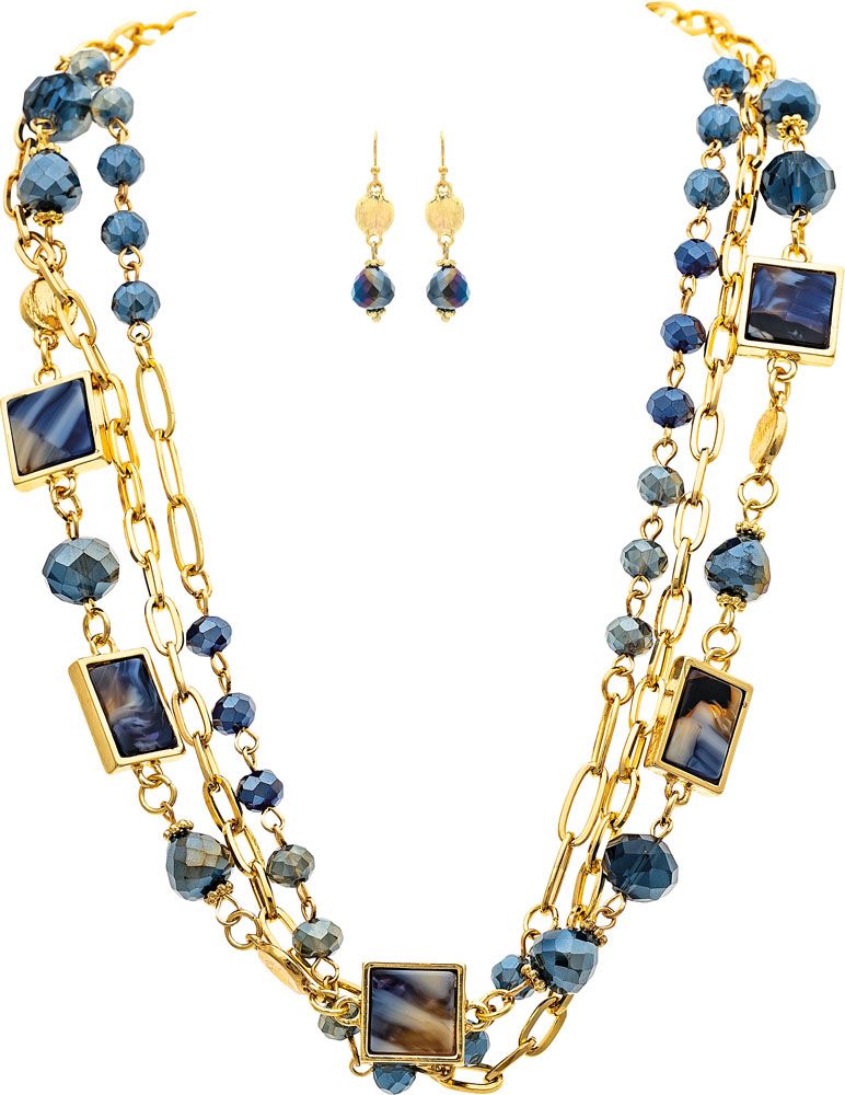 Rain Jewelry Gold Blue Faceted Bead & Acrylic Square Link Necklace Set-Necklace Set-Rain Jewelry Collection-Deja Nu Boutique, Women's Fashion Boutique in Lampasas, Texas