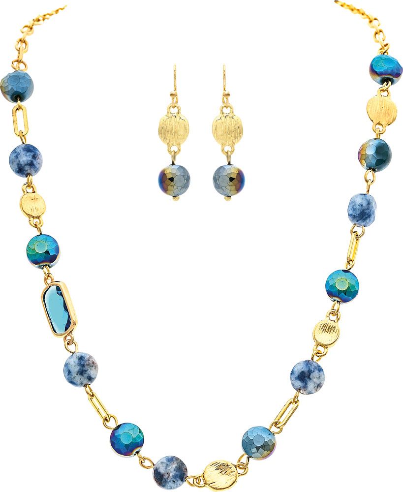 Rain Jewelry Gold Blue Glass & Stone Bead Mixed Link Necklace Set-Necklace Set-Rain Jewelry Collection-Deja Nu Boutique, Women's Fashion Boutique in Lampasas, Texas
