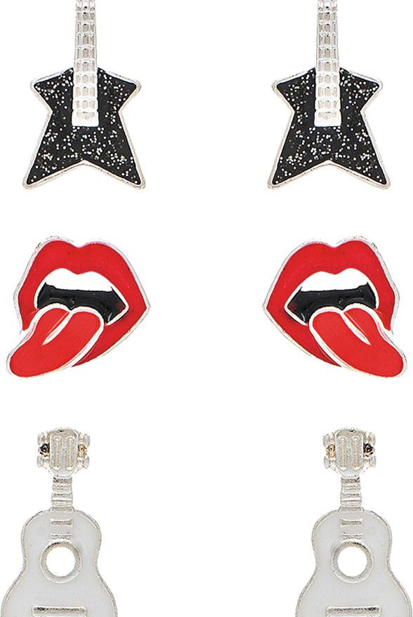 Rain Jewelry Gold Guitar Hot Lips Logo Rock & Roll 3 Piece Earring Set-Earrings-Rain Jewelry Collection-Deja Nu Boutique, Women's Fashion Boutique in Lampasas, Texas