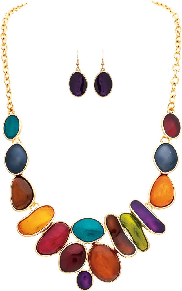 Rain Jewelry Gold Multicolor Enamel Stone Bib Necklace & Earring Set-Necklace Set-Rain Jewelry Collection-Deja Nu Boutique, Women's Fashion Boutique in Lampasas, Texas