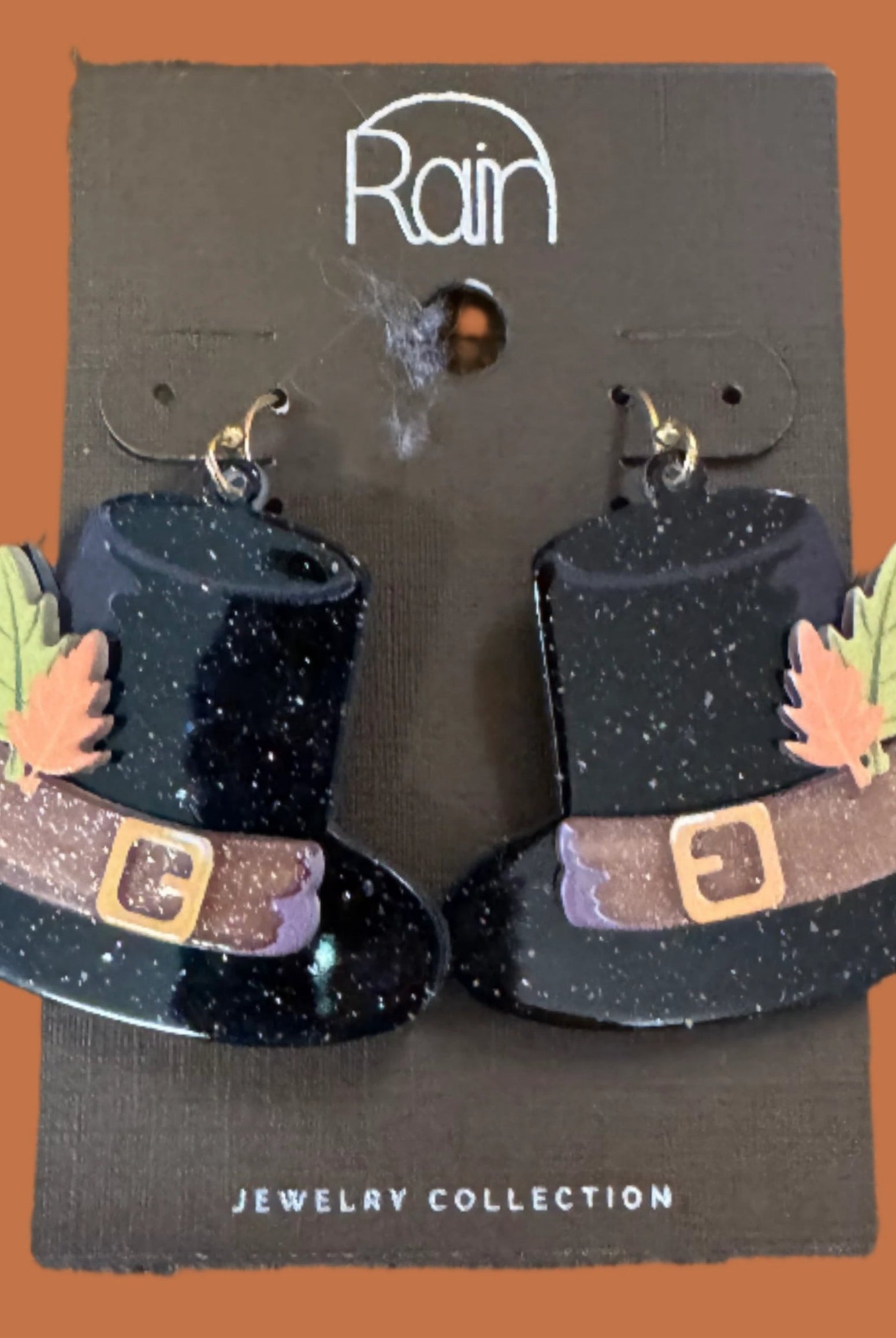 Rain Jewelry Pilgrim Hat Thanksgiving Earrings with Leaf Detail-Earrings-Rain Jewelry Collection-Deja Nu Boutique, Women's Fashion Boutique in Lampasas, Texas