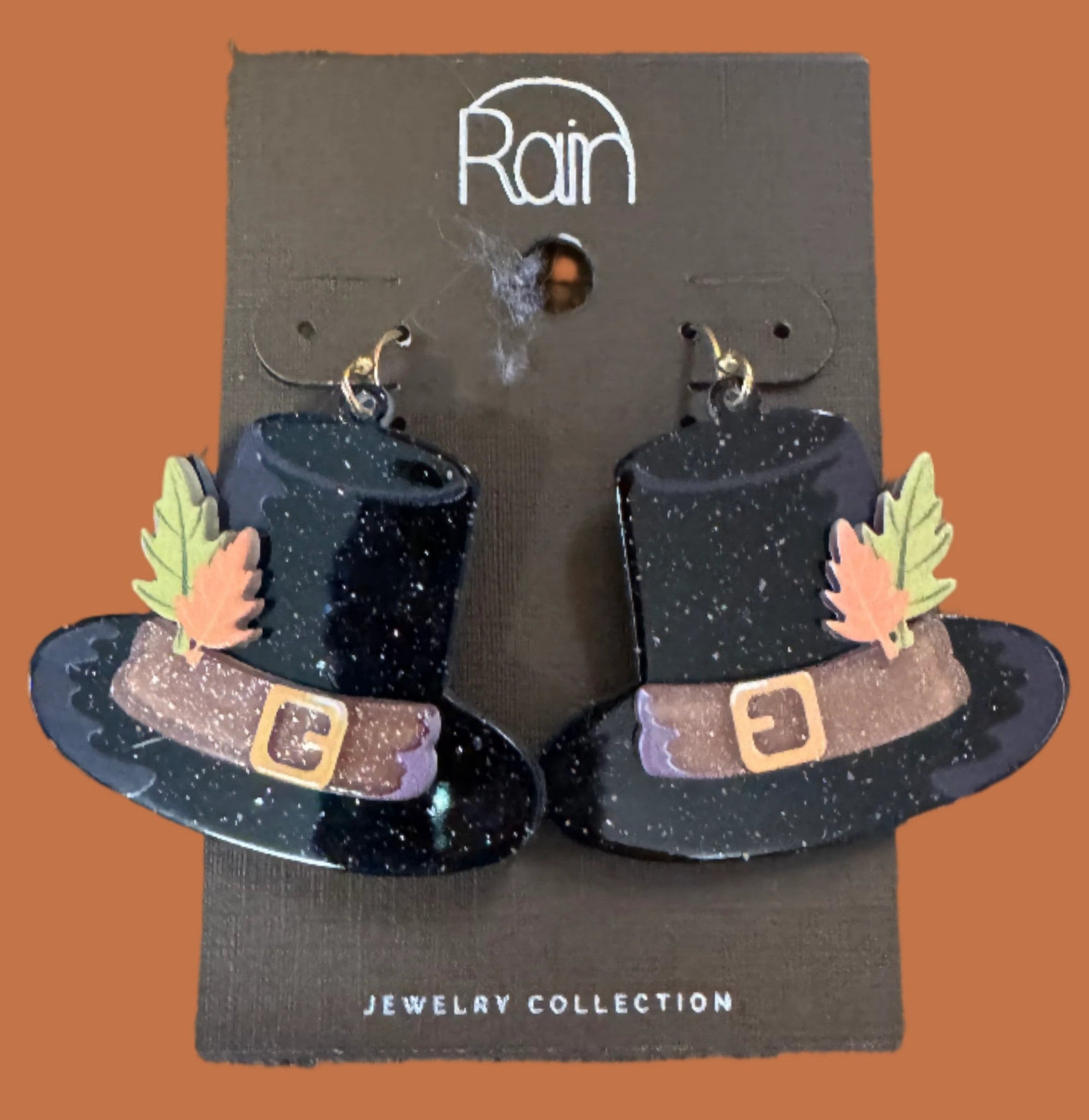 Rain Jewelry Pilgrim Hat Thanksgiving Earrings with Leaf Detail-Earrings-Rain Jewelry Collection-Deja Nu Boutique, Women's Fashion Boutique in Lampasas, Texas