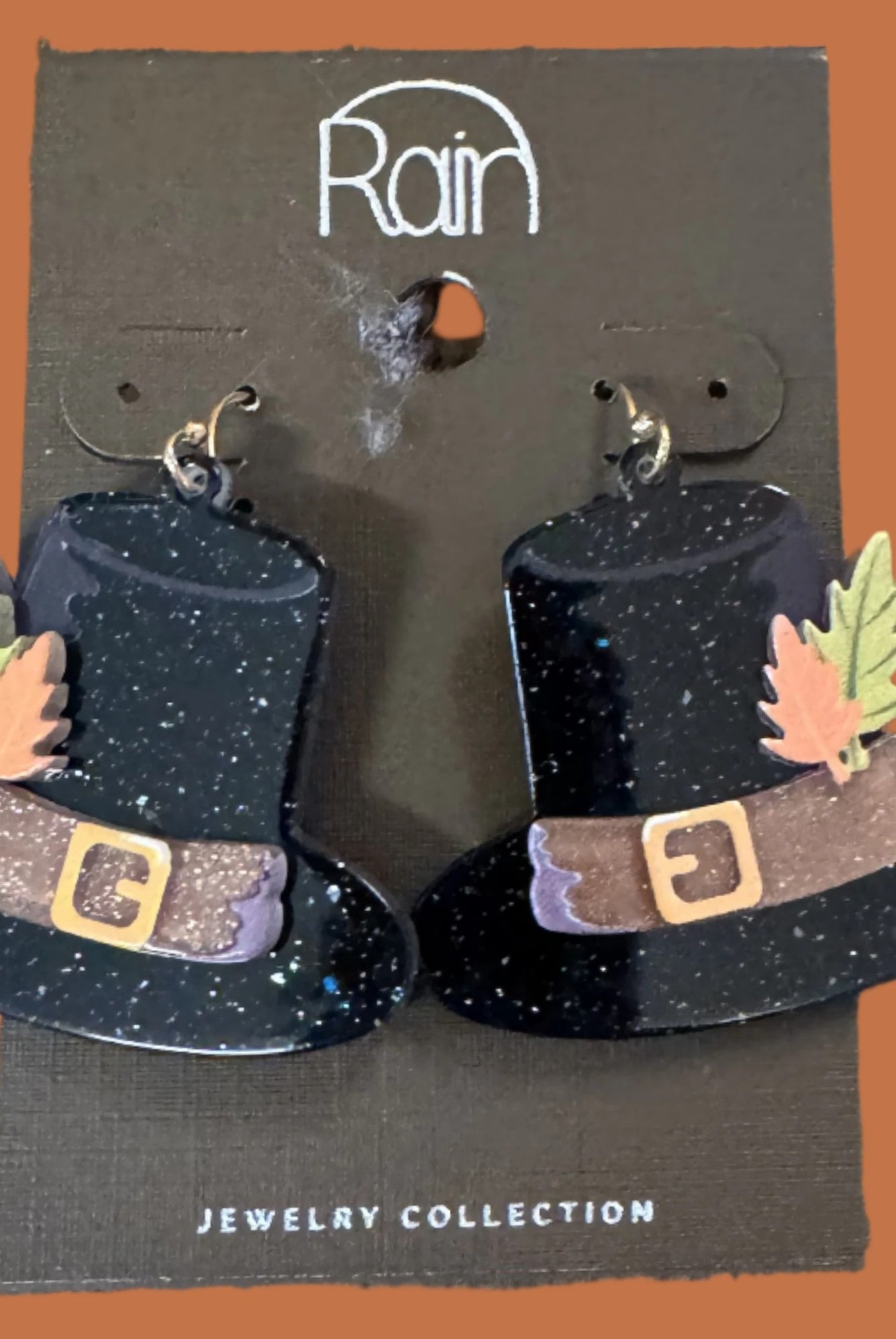 Rain Jewelry Pilgrim Hat Thanksgiving Earrings with Leaf Detail-Earrings-Rain Jewelry Collection-Deja Nu Boutique, Women's Fashion Boutique in Lampasas, Texas