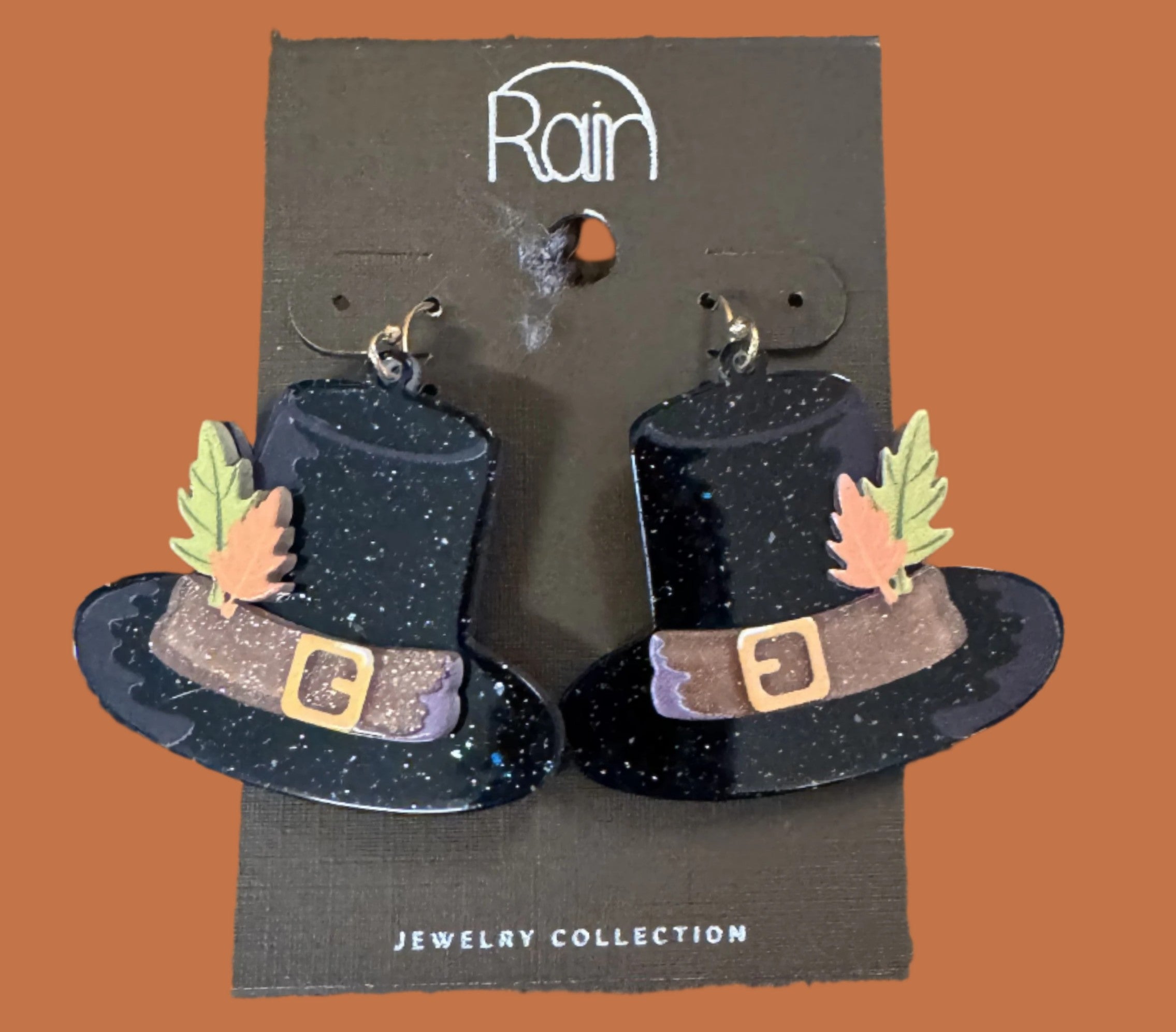 Rain Jewelry Pilgrim Hat Thanksgiving Earrings with Leaf Detail-Earrings-Rain Jewelry Collection-Deja Nu Boutique, Women's Fashion Boutique in Lampasas, Texas