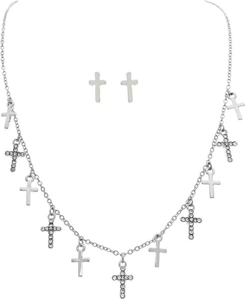 Rain Jewelry Silver Crystal Cross Charms Necklace Set-Necklace Set-Rain Jewelry Collection-Deja Nu Boutique, Women's Fashion Boutique in Lampasas, Texas