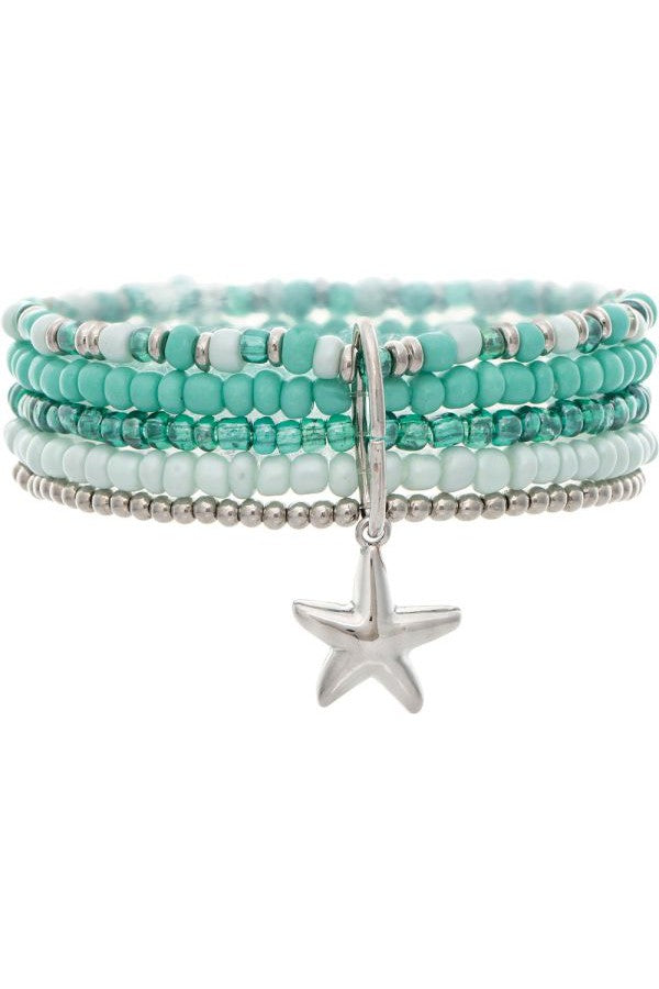 Rain Jewelry Silver Starfish Charm 5 Beaded Mint Green Bracelet Set-Bracelets-Rain Jewelry Collection-Deja Nu Boutique, Women's Fashion Boutique in Lampasas, Texas