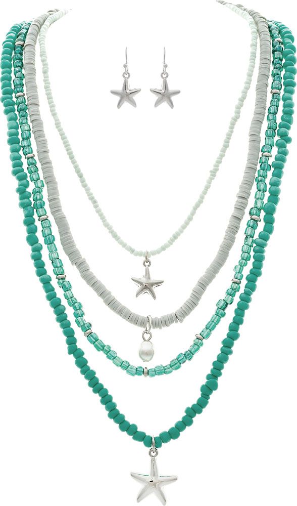 Rain Jewelry Silver Starfish & Pearl Charm Layered Green Bead Necklace Set-Necklace Set-Rain Jewelry Collection-Deja Nu Boutique, Women's Fashion Boutique in Lampasas, Texas