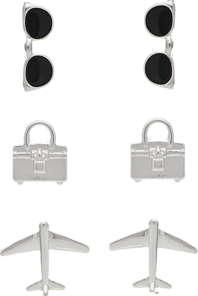 Rain Jewelry Silver Sunnies Airplane Luggage Travel 3 Piece Earring Set-Earrings-Rain Jewelry Collection-Deja Nu Boutique, Women's Fashion Boutique in Lampasas, Texas