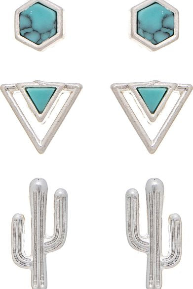 Rain Jewelry Silver Turquoise Southwest Cactus Three Post Earring Set-Earrings-Rain Jewelry Collection-Deja Nu Boutique, Women's Fashion Boutique in Lampasas, Texas