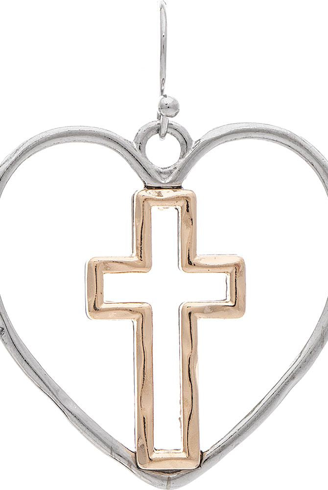 Rain Jewelry Two-Tone Faithful Heart Center Cross Earrings ✨💖✝️-Earrings-Rain Jewelry Collection-Deja Nu Boutique, Women's Fashion Boutique in Lampasas, Texas