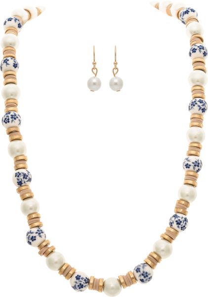 Rain Jewelry Gold With Blue & White China Bead Bauble Necklace Set-Necklace Set-Rain Jewelry Collection-Deja Nu Boutique, Women's Fashion Boutique in Lampasas, Texas