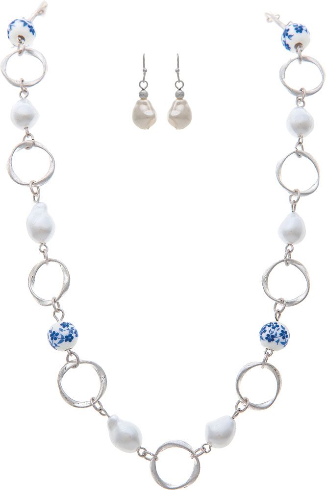 Rain Jewelry Silver Chain With Faux Pearls And Blue China Bead Necklace Set-Necklace Set-Rain Jewelry Collection-Deja Nu Boutique, Women's Fashion Boutique in Lampasas, Texas