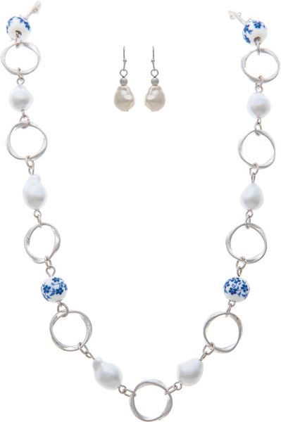 Rain Jewelry Silver Chain With Faux Pearls And Blue China Bead Necklace Set-Necklace Set-Rain Jewelry Collection-Deja Nu Boutique, Women's Fashion Boutique in Lampasas, Texas