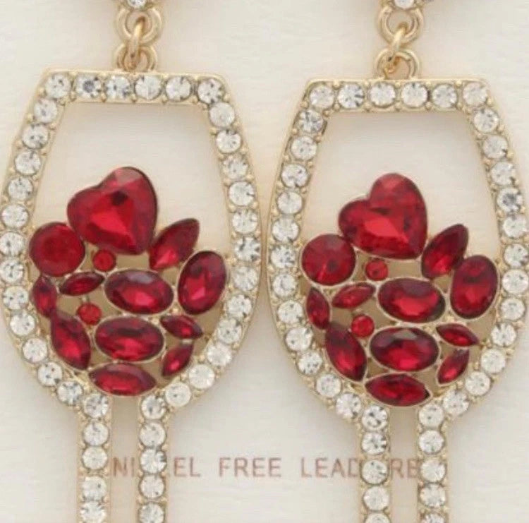 Red Crystal Wine Glass Earrings-Earrings-Deja Nu Tx-Deja Nu Boutique, Women's Fashion Boutique in Lampasas, Texas