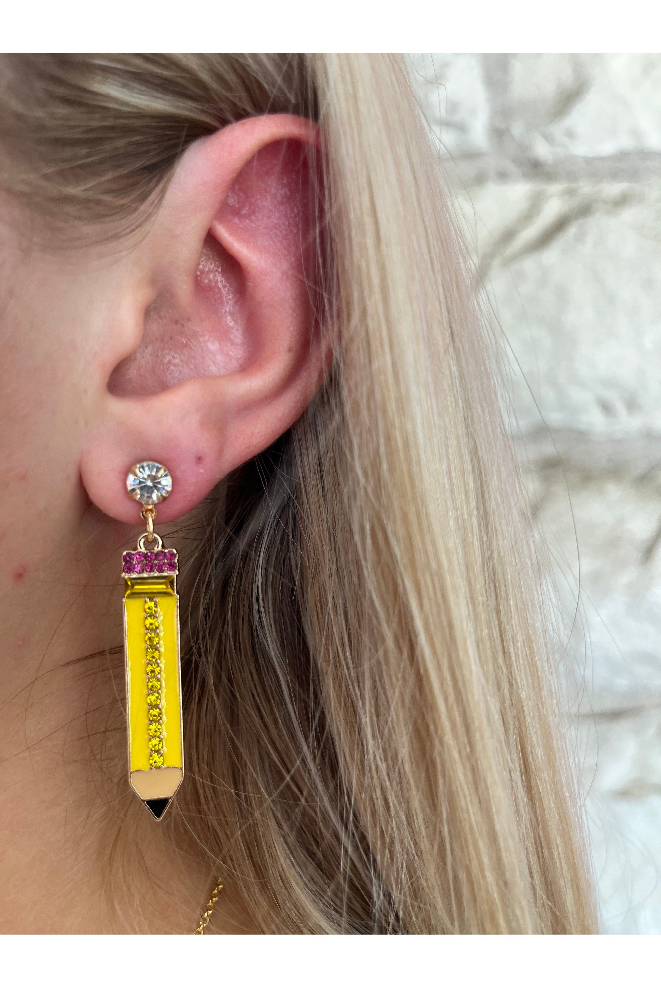 Rhinestone Embellished Enamel Pencil Earrings-Earrings-Deja Nu-Deja Nu Boutique, Women's Fashion Boutique in Lampasas, Texas