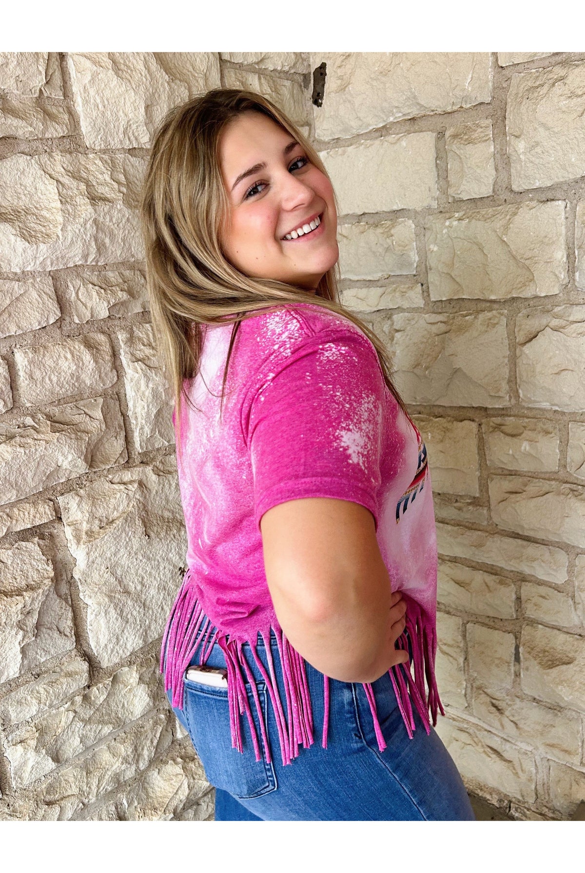 Rose Canyon Ranch Free 2 B Aztec Pink Thunderbird Fringe Hem Tee-Graphic Tees-Rose Canyon Ranch Free 2 B-Deja Nu Boutique, Women's Fashion Boutique in Lampasas, Texas