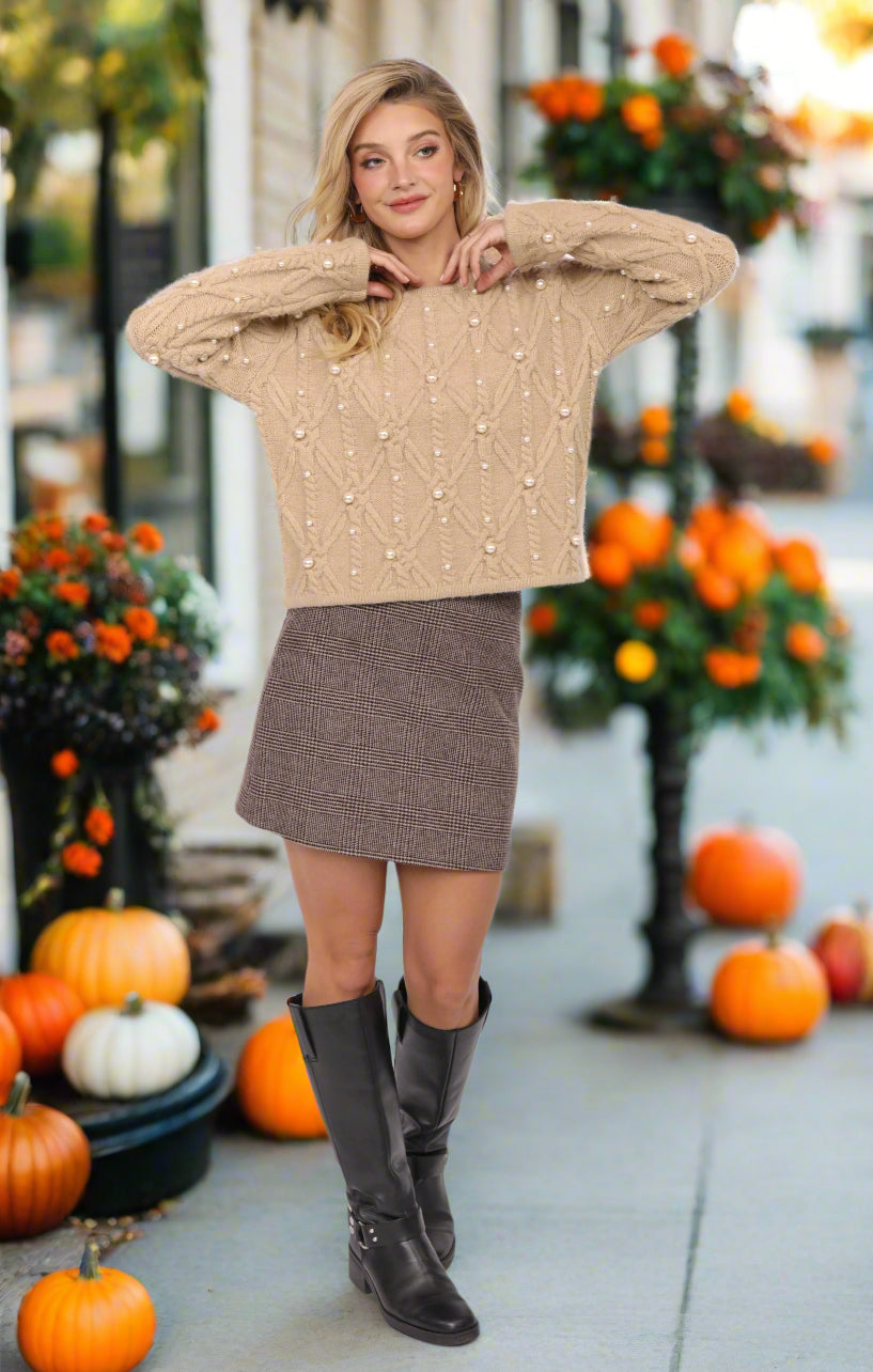 Sadie & Sage Ambition Houndstooth Mini Skirt in Dark Brown-Skirts-Sadie & Sage-Deja Nu Boutique, Women's Fashion Boutique in Lampasas, Texas