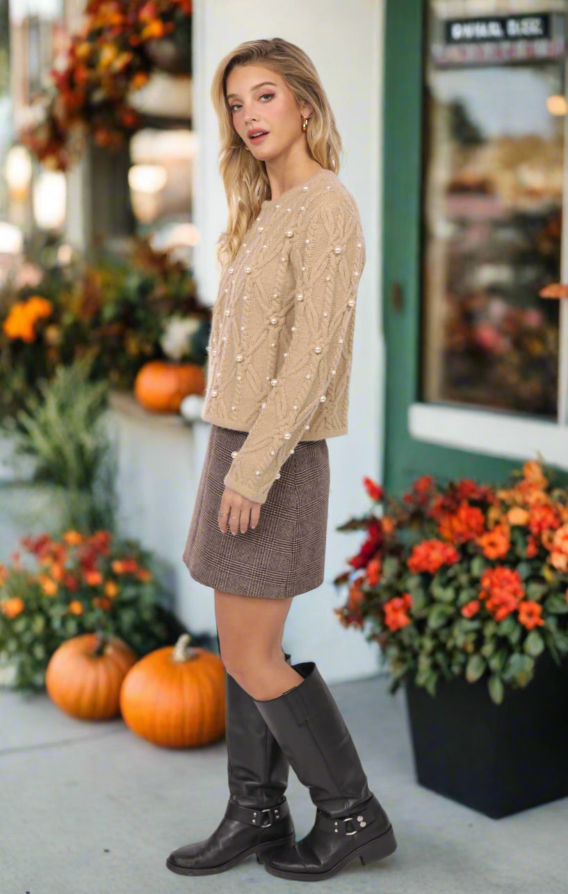 Sadie & Sage Ambition Houndstooth Mini Skirt in Dark Brown-Skirts-Sadie & Sage-Deja Nu Boutique, Women's Fashion Boutique in Lampasas, Texas