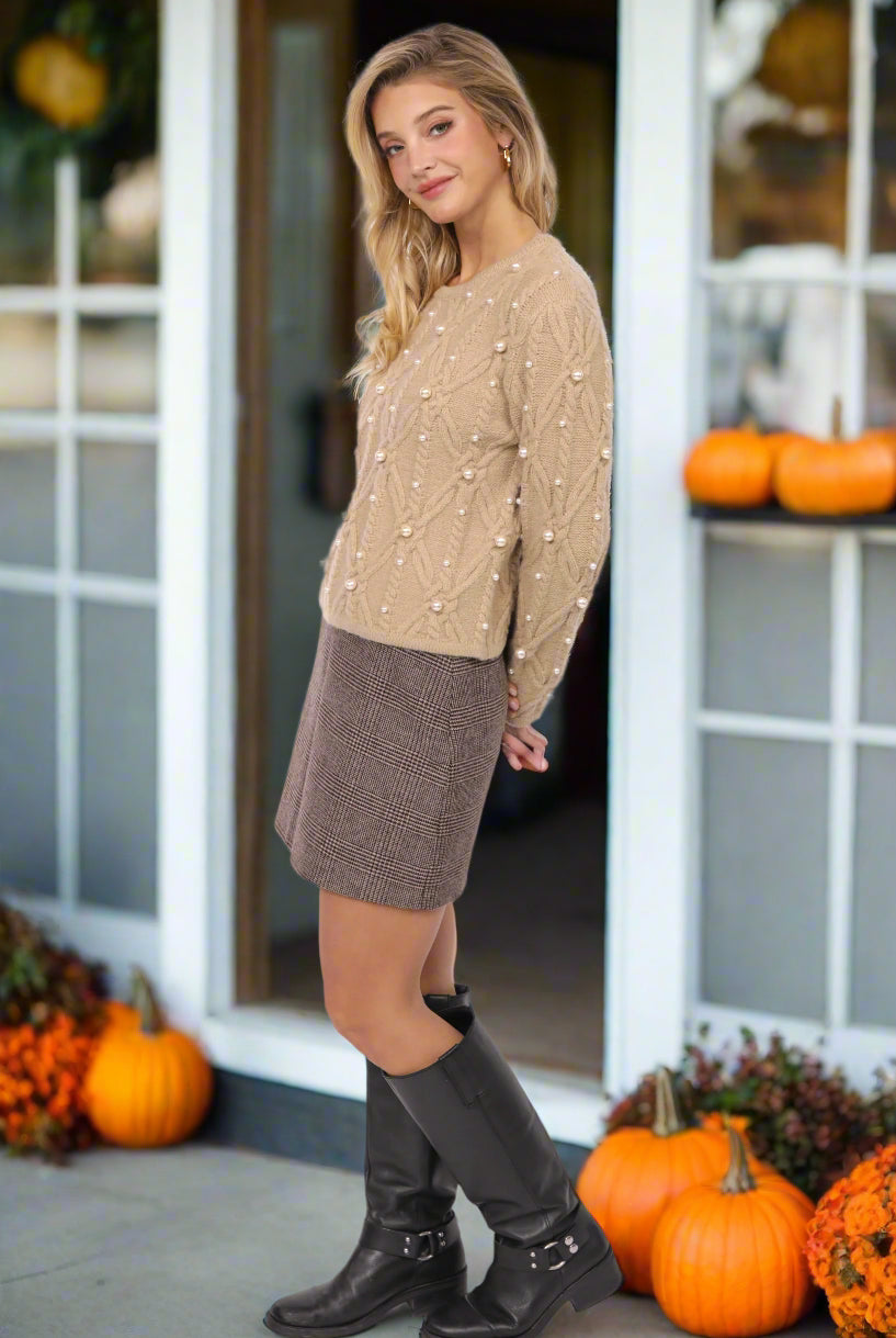 Sadie & Sage Ambition Houndstooth Mini Skirt in Dark Brown-Skirts-Sadie & Sage-Deja Nu Boutique, Women's Fashion Boutique in Lampasas, Texas