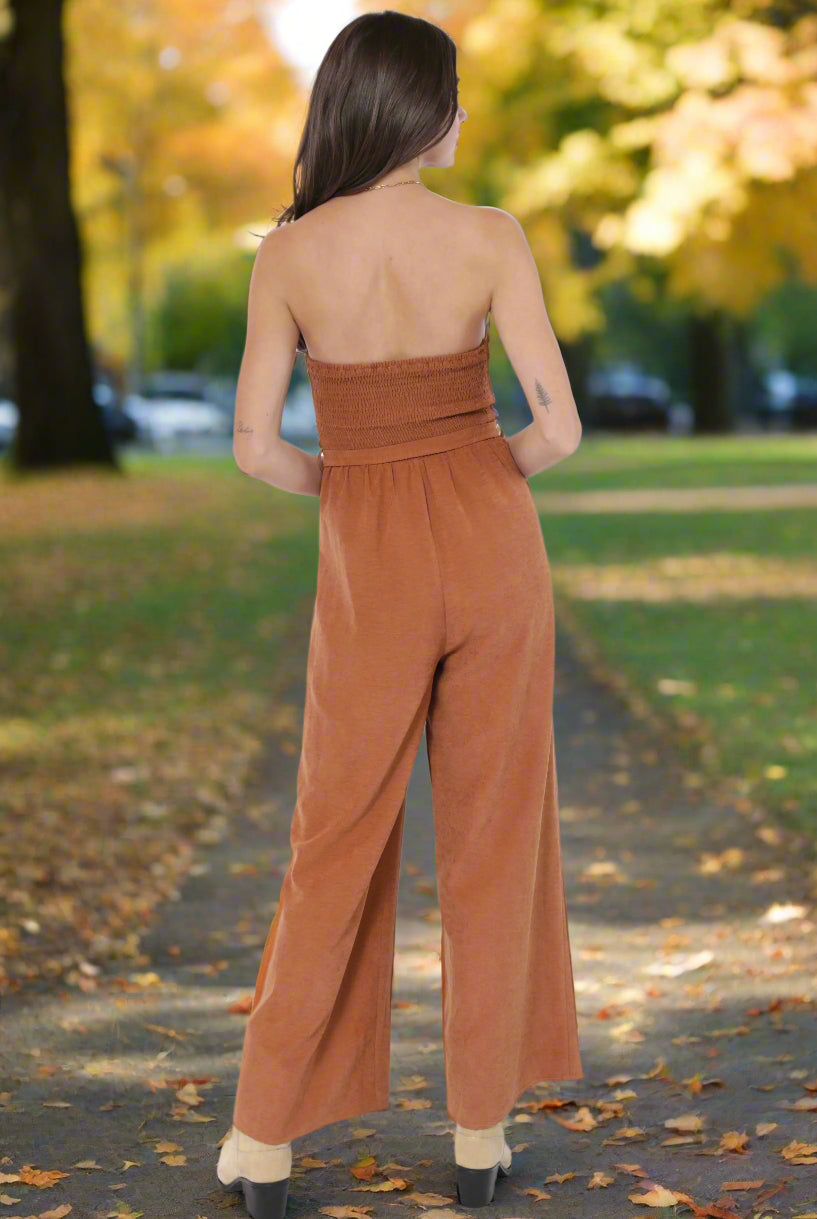 Sadie & Sage Sundown Tube Top Belted Jumpsuit in Rusty Brown-Rompers & Jumpsuits-Sadie & Sage-Deja Nu Boutique, Women's Fashion Boutique in Lampasas, Texas
