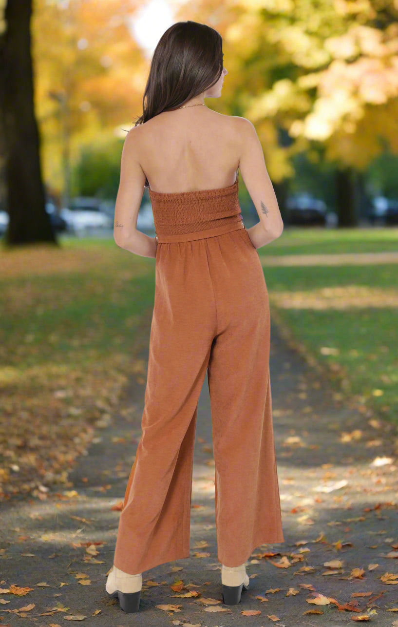 Sadie & Sage Sundown Tube Top Belted Jumpsuit in Rusty Brown-Rompers & Jumpsuits-Sadie & Sage-Deja Nu Boutique, Women's Fashion Boutique in Lampasas, Texas