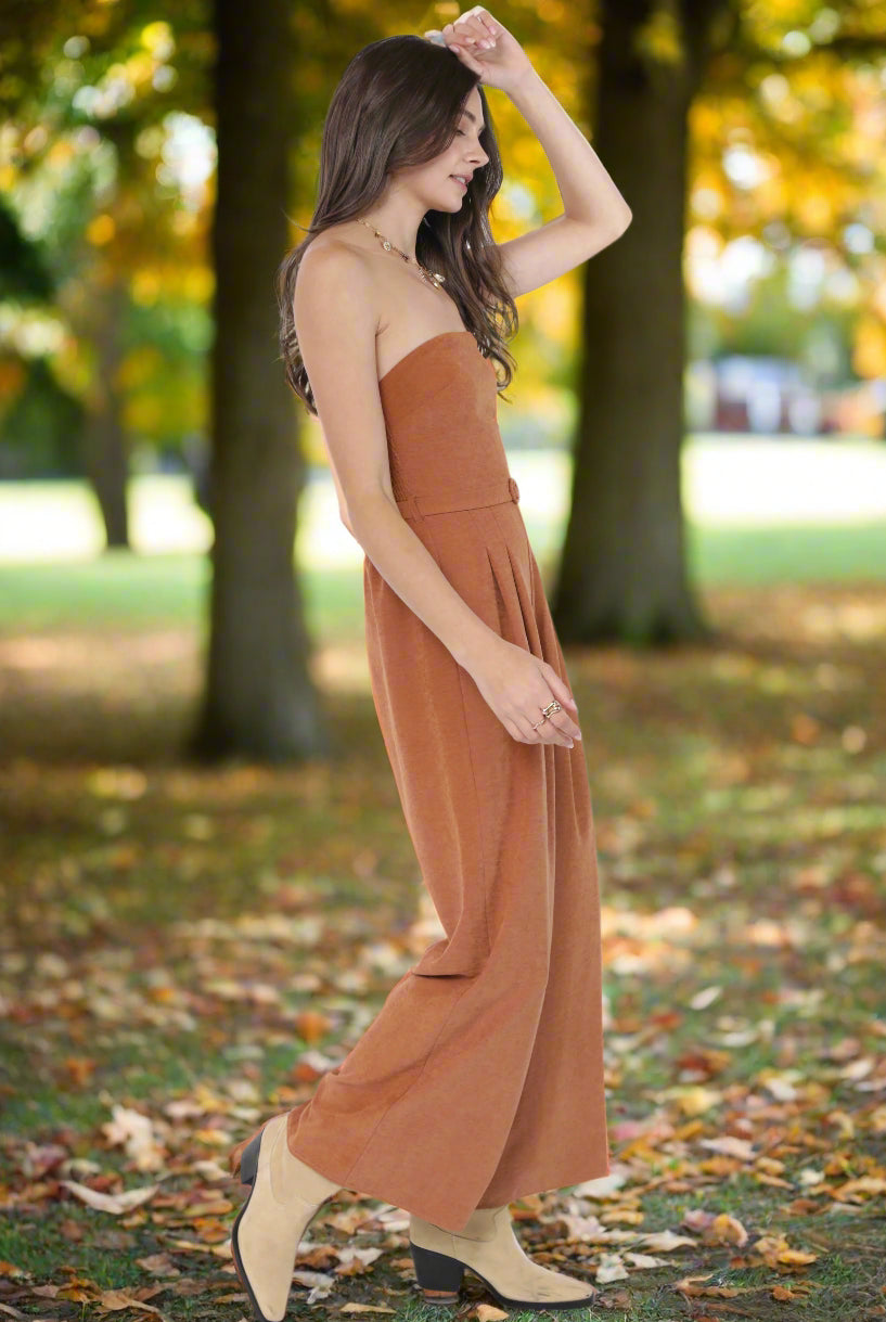 Sadie & Sage Sundown Tube Top Belted Jumpsuit in Rusty Brown-Rompers & Jumpsuits-Sadie & Sage-Deja Nu Boutique, Women's Fashion Boutique in Lampasas, Texas