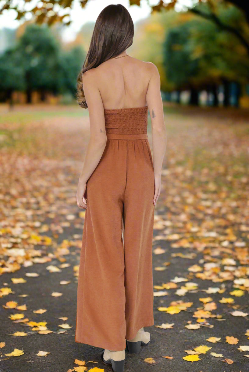 Sadie & Sage Sundown Tube Top Belted Jumpsuit in Rusty Brown-Rompers & Jumpsuits-Sadie & Sage-Deja Nu Boutique, Women's Fashion Boutique in Lampasas, Texas