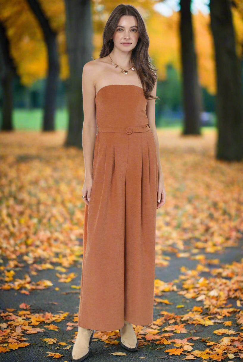 Sadie & Sage Sundown Tube Top Belted Jumpsuit in Rusty Brown-Rompers & Jumpsuits-Sadie & Sage-Deja Nu Boutique, Women's Fashion Boutique in Lampasas, Texas
