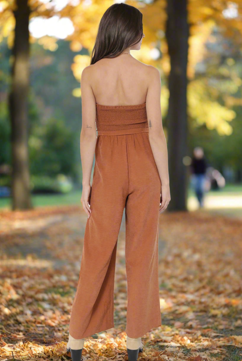 Sadie & Sage Sundown Tube Top Belted Jumpsuit in Rusty Brown-Rompers & Jumpsuits-Sadie & Sage-Deja Nu Boutique, Women's Fashion Boutique in Lampasas, Texas