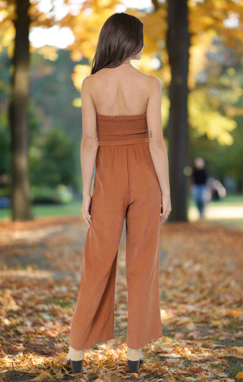 Sadie & Sage Sundown Tube Top Belted Jumpsuit in Rusty Brown-Rompers & Jumpsuits-Sadie & Sage-Deja Nu Boutique, Women's Fashion Boutique in Lampasas, Texas