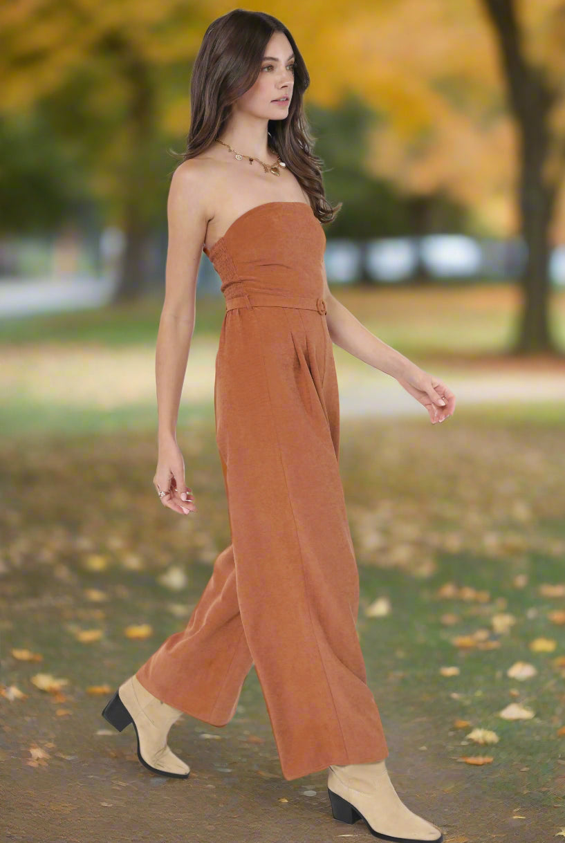 Sadie & Sage Sundown Tube Top Belted Jumpsuit in Rusty Brown-Rompers & Jumpsuits-Sadie & Sage-Deja Nu Boutique, Women's Fashion Boutique in Lampasas, Texas
